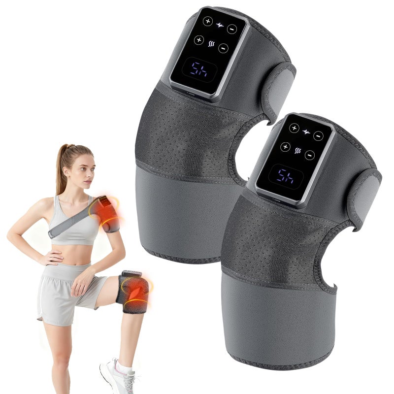 2 Pcs Knee Massager,Cordless Heated Knee Massager,Rechargeable Heating Massager Wrap with Vibration for Knee Shoulder Elbow Pain Relief,5 Heating Modes & 3 Adjustable Intensity,Gifts for Women Men